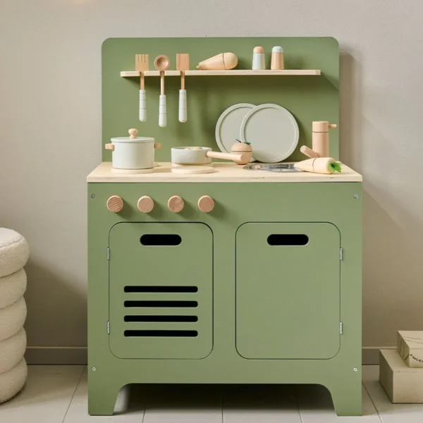 Olive Green Wooden Play Kitchen With Accessories