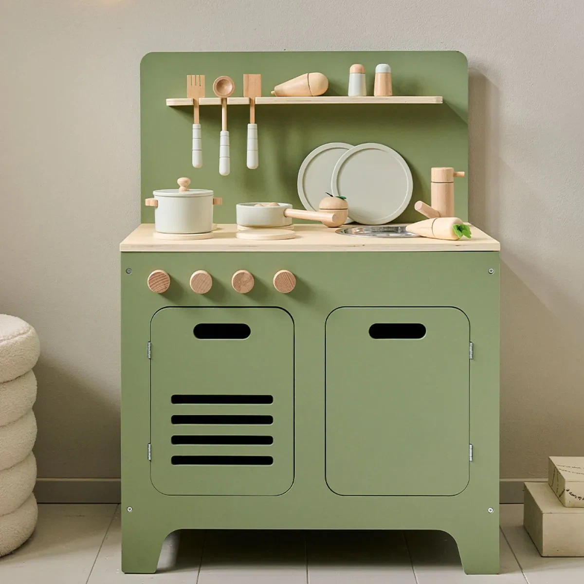 Olive Green Wooden Play Kitchen With Accessories
